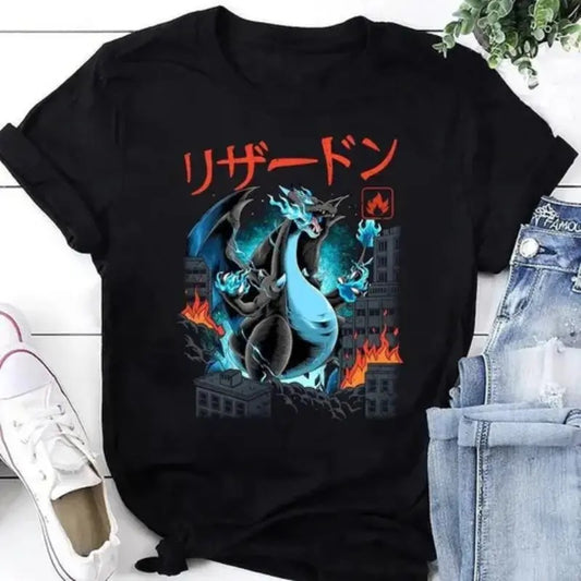 Mega Charizard Pokemon Kaiju T-Shirt Japanese & Vintage Fan Gifts Shirt Crewneck Unisex Basic T-Shirt Top Menswear Underwear Tshirt Streetwear