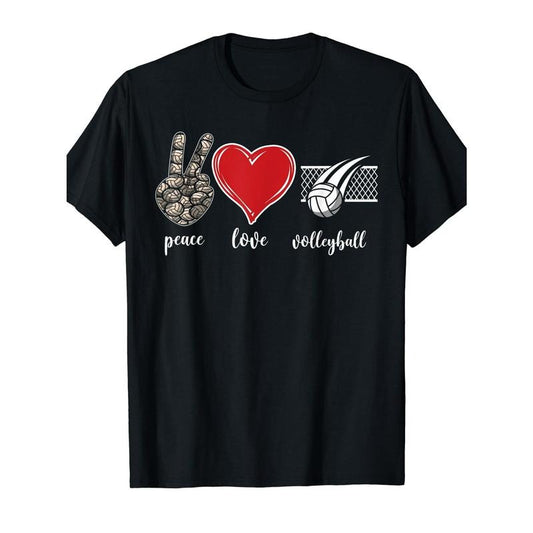 Men'S Cotton Volleyball T-Shirt - Peace Love Heart Design, Crew Neck, Short Sleeve, Medium Stretch, All-Season Sports Tee, Regular Fit, Knit Fabric, Applique Detail, Machine Washable made in usa