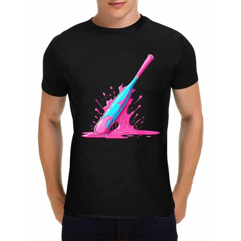 Men'S Polyester Crew Neck T-Shirt, Sports Style, Slight Stretch Knit Fabric, Alphabet Pattern, Short Sleeve, Skinny Fit, with Vibrant Baseball Bat Print, for All-Season Top made in usastyle{n002}2
