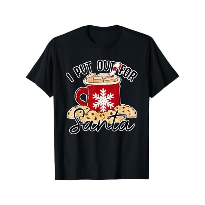 Men'S Women'S Christmas T-Shirt, "I Put Out for Santa" Print, Unisex Black Cotton Tee, Casual Round Neck, Stretchy Soft Fabric, Perfect Fit for All Seasons, Holiday Gift for Mom, Dad, Friends Made in USA
