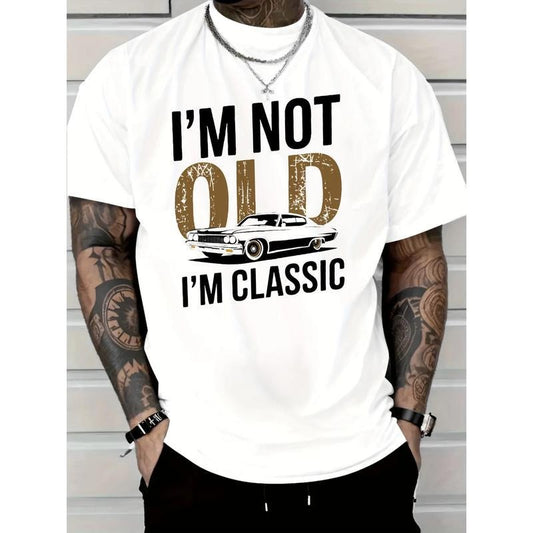 Men's "I'm Not Old, I Am Classic" Pattern T-shirt-Soft Cotton, Casual Crew Neck, Short Sleeve, Vintage Car Print-Durable and Breathable, Casual Top for Unisex