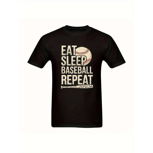 Men's Baseball Fanatics T-Shirt - 'Eat Sleep Baseball Repeat' Motto With Baseball & Bat Icon - Sports Lifestyle Tee made in usa