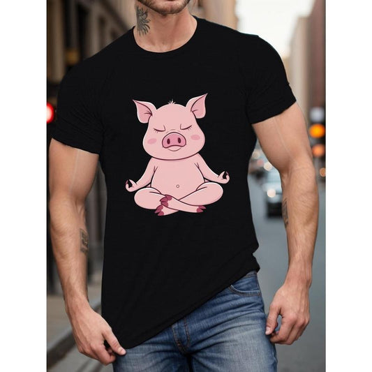 Men's Cartoon Meditative Pig Print T-Shirt, Casual Short Sleeve Polyester Tee, Summer Fashion Top, Regular Fit, Crew Neck, Geometric Pattern, Adult Unisex made in usa