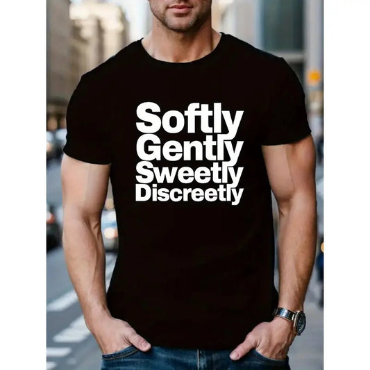 Men's Casual Short-Sleeve T-Shirt - Soft , Round Neck with Letter Print Design, Machine Washable MADE IN USA