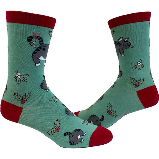 Men's Cat Butt Mistletoe Socks Funny Christmas Kitty Pet Lover Sarcastic Footwear Funny Graphic Socks Comfortable Fitted Spandex Cotton