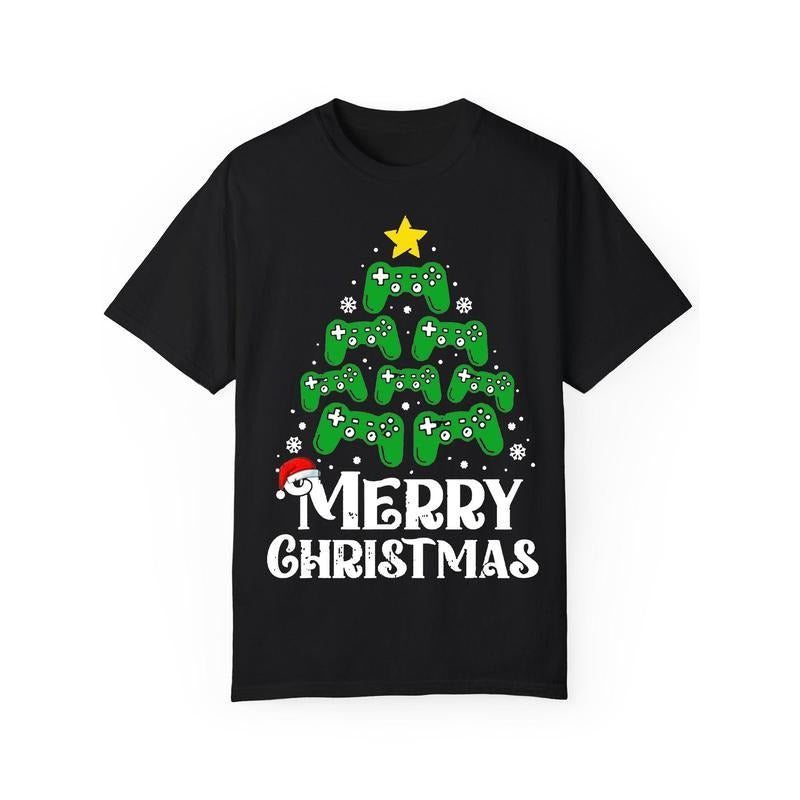 Men's Christmas Gaming T-Shirt, Casual Short Sleeve Round Neck Top, Cotton, Festive Holiday Graphic, Black, Stretch Knit Fabric, Outdoor & Hiking Wear, Unisex made in usa