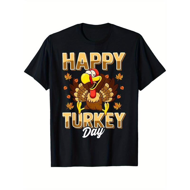 Men's Classic Fit Cotton Tee with Happy Thanksgiving Turkey Print - Breathable & Soft, Vintage-Inspired Casual T-Shirt, Machine Washable, Short Sleeve, Crew Neck made in usa