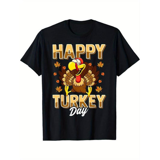 Men's Classic Fit Cotton Tee with Happy Thanksgiving Turkey Print - Breathable & Soft, Vintage-Inspired Casual T-Shirt, Machine Washable, Short Sleeve, Crew Neck made in usa