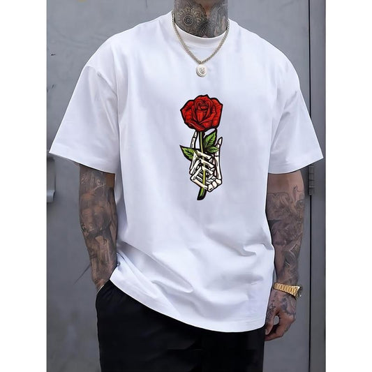 Men's Comfy Round Crew Neck Short Sleeve Tee, Breathable Fashion T-Shirt with Rose Pattern Print for Spring Summer Holiday Leisure Vacation Made in USA