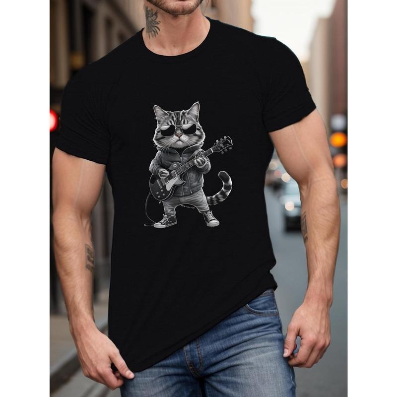 Men's Cool Cat With Guitar Print Tee Shirt, Tees For Men, Casual Short Sleeve T-shirt For Summer Made in USA