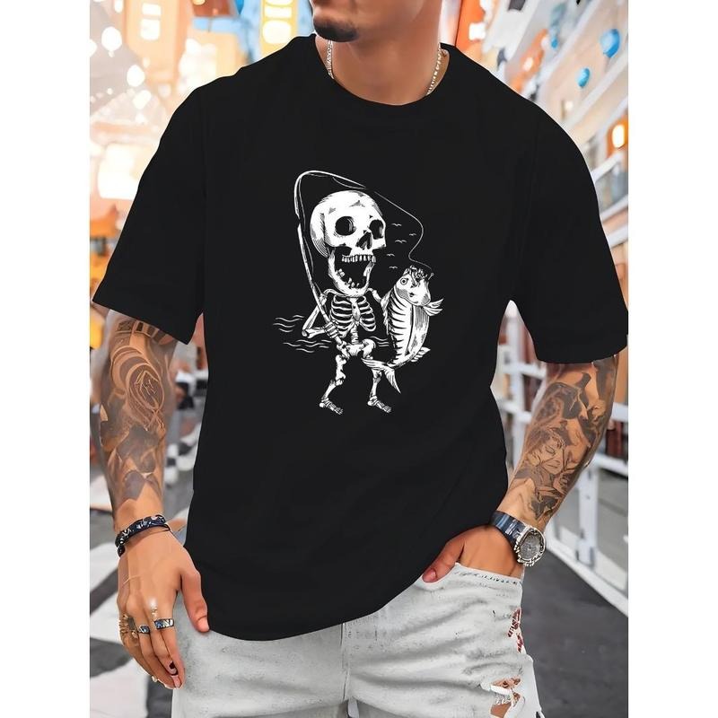 Men's Cotton T-Shirt, Casual Round Neck, Trendy Skeleton Fishing Graphic, Short Sleeve, Regular Fit, Summer Top, Versatile American Fashion Made in USA