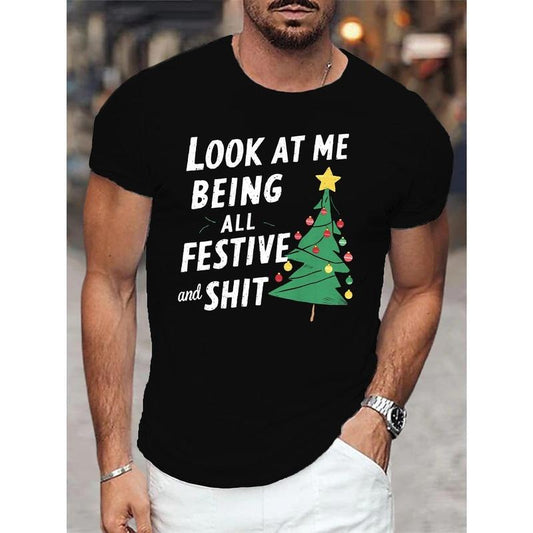 Men's Festive Christmas Print T-Shirt, Casual Short Sleeve Tee, Round Neck, Stretch Knit Fabric, Summer Top, Regular Fit Made in USA