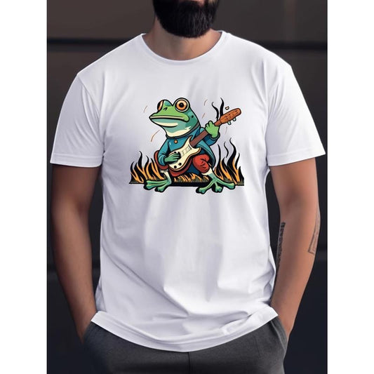 Men's Frog Guitar Print T-Shirt - Casual Cotton Short Sleeve Tee for Summer, Machine Washable made in usa