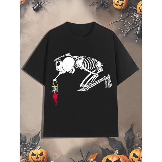 Men's Halloween  Cotton T-Shirt, Casual Round Neck Short Sleeve Tee with Skull Watering Organ Print, Breathable and Wear-Resistant, Regular Fit for Adults made in usa