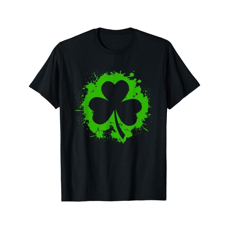 Men's Irish Pride Clover Leaf T-Shirt - St. Patrick's Day Black Cotton Tee with Vibrant Green Splatter Design, Casual Round Neck Short Sleeve Shirt for Casual Attire made in usa