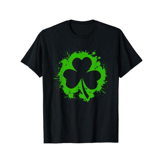 Men's Irish Pride Clover Leaf T-Shirt - St. Patrick's Day Black Cotton Tee with Vibrant Green Splatter Design, Casual Round Neck Short Sleeve Shirt for Casual Attire made in usa