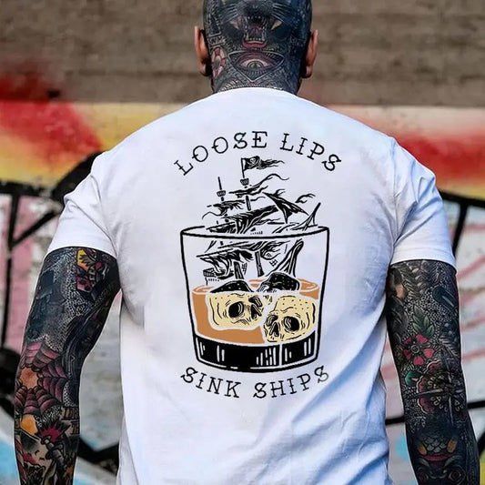 Men's LOOSE LIPS SINK SHIPS Skulls Ship in the Water Back Side Print Unisex T-shirt Sweatshirt Hoodie, Naughty Clothes Men, Streetwear Vibes Naughty Clothes Men Cotton Fabric Menswear Classic