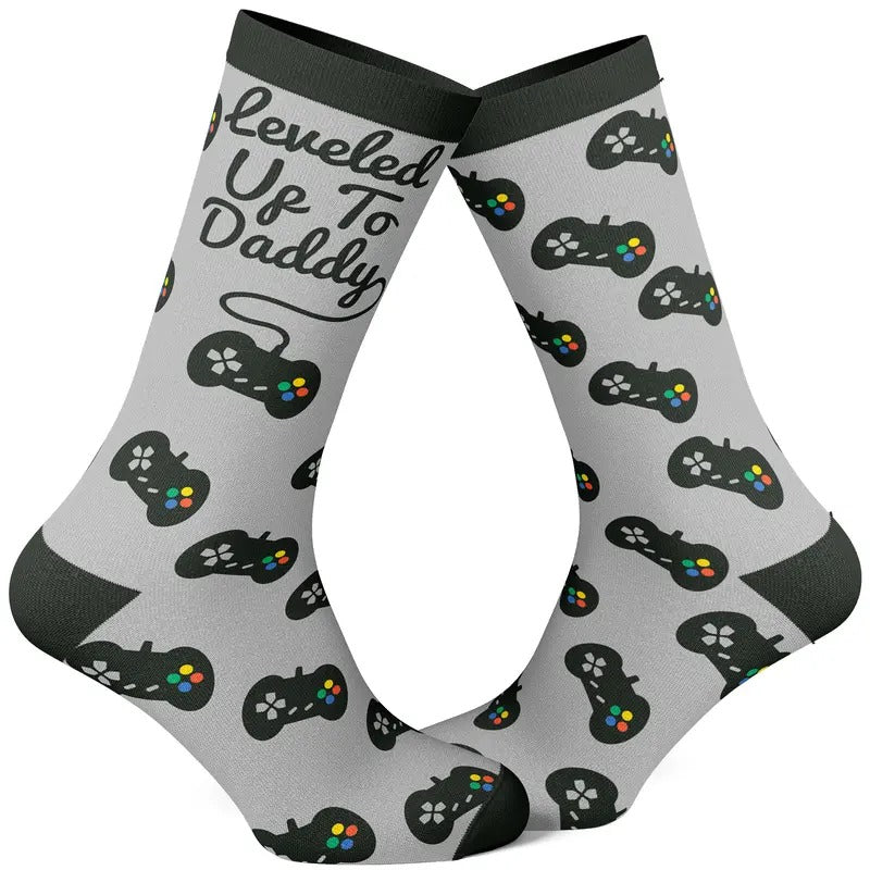Men's Leveled Up to Daddy Socks Funny Video Game Father's Day Novelty Graphic Footwear Funny Graphic Socks Comfortable Fitted Spandex Cotton