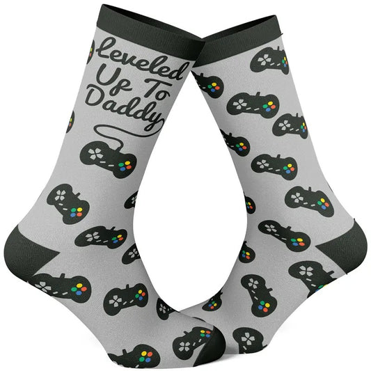 Men's Leveled Up to Daddy Socks Funny Video Game Father's Day Novelty Graphic Footwear Funny Graphic Socks Comfortable Fitted Spandex Cotton