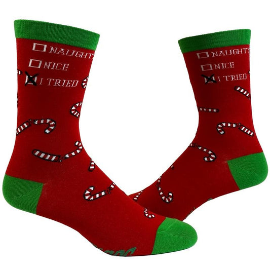 Men's Naughty Nice I Tried Socks Funny Christmas List Good Bad Graphic Footwear Funny Graphic Socks Comfortable Fitted Spandex Cotton