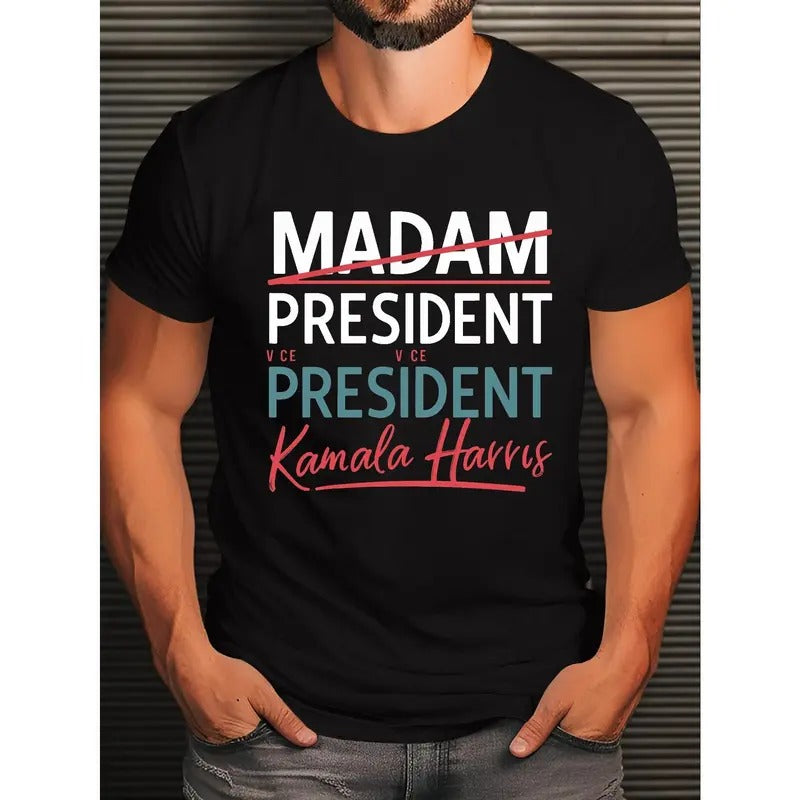 Men's Pattern T-Shirt - Casual Crew Neck T-Shirt with President's Wife Pattern, Slight Stretch Knitted Fabric, Geometric Pattern, Regular Version, Summer Adult Top Made in USA
