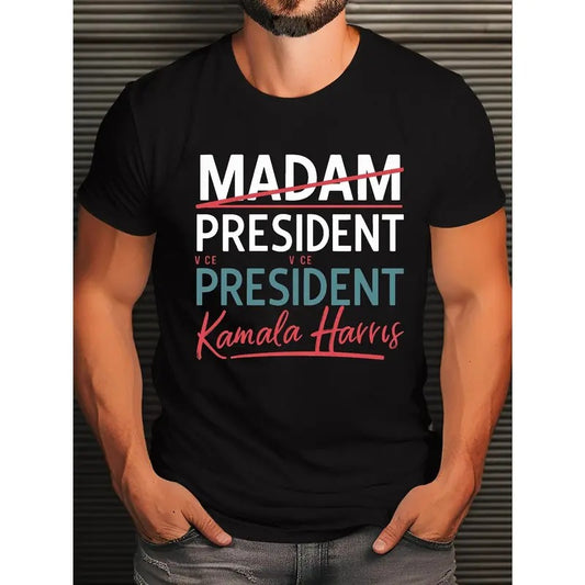Men's Pattern T-Shirt - Casual Crew Neck T-Shirt with President's Wife Pattern, Slight Stretch Knitted Fabric, Geometric Pattern, Regular Version, Summer Adult Top Made in USA