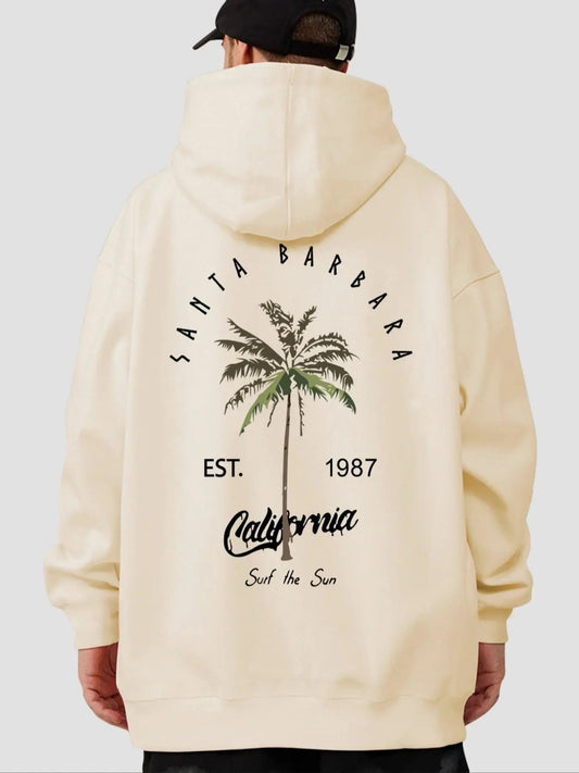 Men's Regular Fit Palm Tree & Letter Print Drop Shoulder Hoodie, Fashion Casual Drawstring Pocket Hooded Sweatshirt for Daily Holiday Outdoor Wear, Men Clothes for Fall & Winter