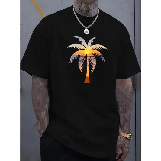Men's Summer Casual Short Sleeve T-Shirt - Sunset & Coconut Tree Pattern, Fashionable Round Neck, Sports & Leisure Style for Daily Wear Made in USA