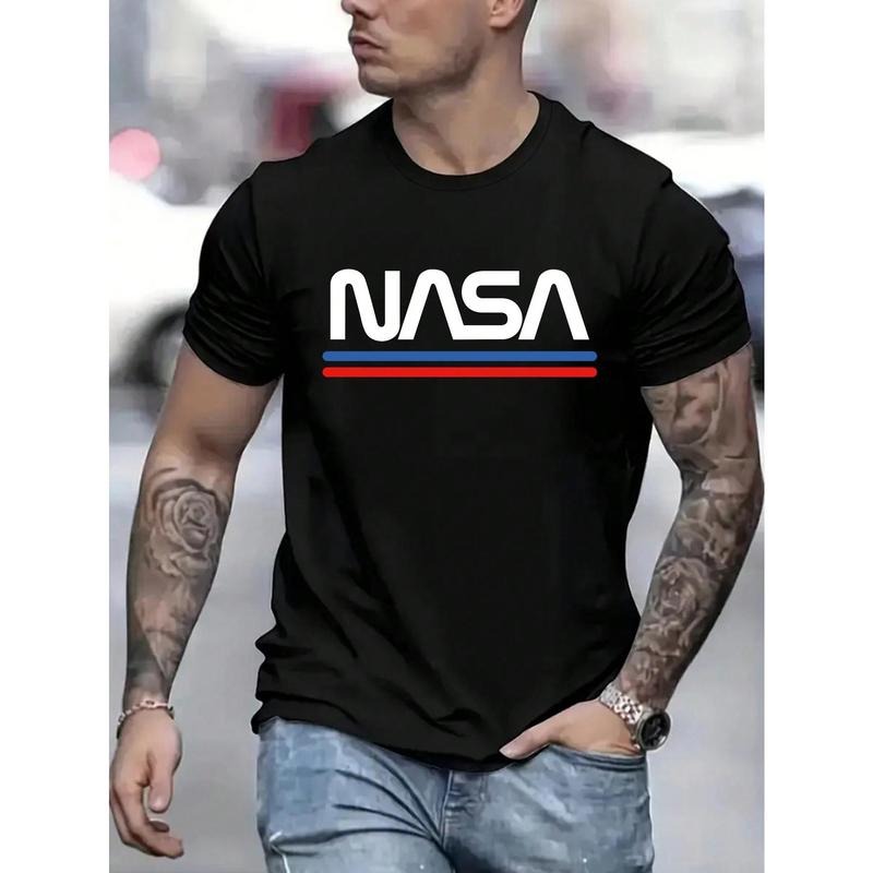 Men's Summer Casual T-Shirt With Letter Print And Round Neck Short Sleeve Made in USA