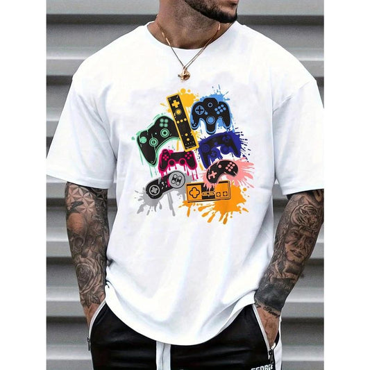 Men's Summer Game Console Printed Round Neck Short Sleeve Casual T-Shirt Made in USA