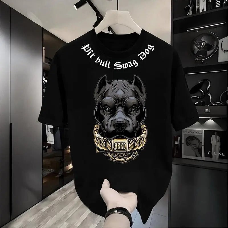 Men's T-shirt with A Bold, Fierce Dog Graphic Print, Made of Cotton. Casual, Loose Fit with A Round Neck, Featuring Street Style Streetwear Menswear