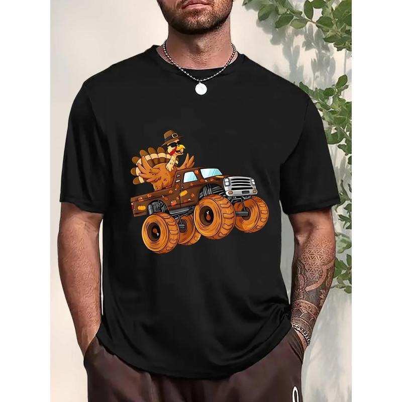Men's Turkey Truck Print Thanksgiving Creative Tee Tops, Clothes For Mens, Short Sleeve Crew Neck Casual Comfy Sports Shirt 220g made in usa