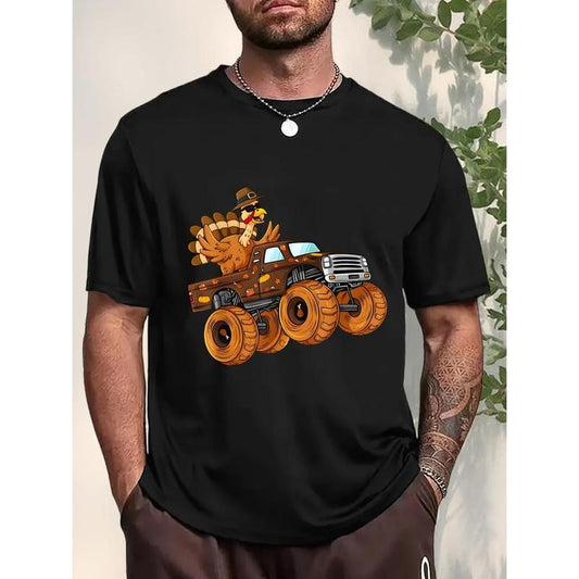 Men's Turkey Truck Print Thanksgiving Creative Tee Tops, Clothes For Mens, Short Sleeve Crew Neck Casual Comfy Sports Shirt 220g made in usa