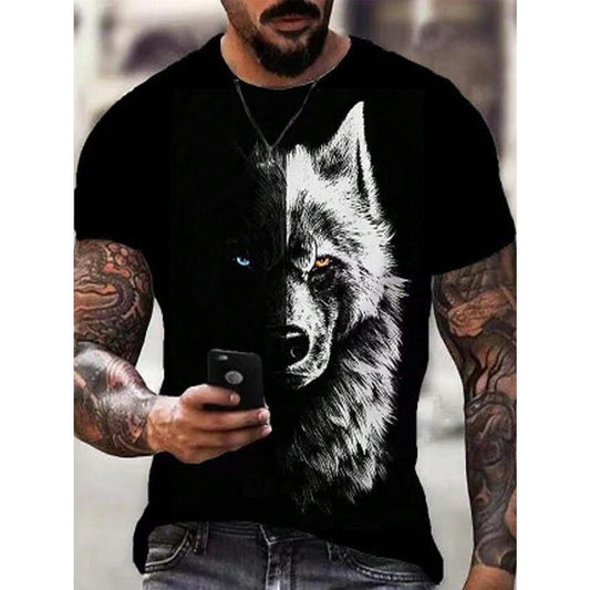 Men's Wolf Print Round Neck Short Sleeve T-Shirt Made in USA
