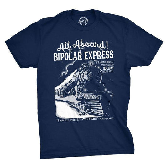 Mens All Aboard The Bipolar Express T Shirt Funny Family Holiday Tee Mens Funny T Shirts Cool Tees Soft Stylish Casual Menswear Funny Sarcastic Short Sleeve Novelty Tees for Guys Navy