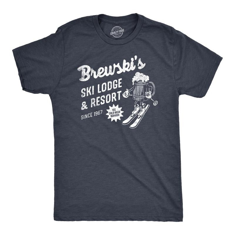 Mens Brewskis Ski Lodge And Resort T Shirt Funny Drinking Skiing Partying Tee For Guys Mens Funny T Shirts Cool Tees Soft Stylish Casual Menswear Funny Beer Short Sleeve Novelty Tees for Guys Navy -