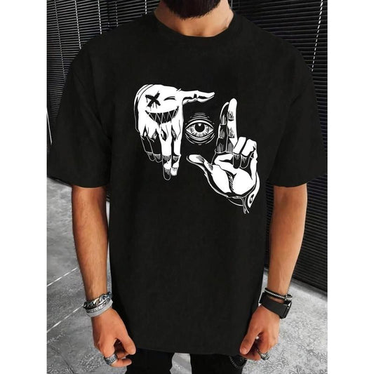 Mens Cartoon Print Crew Neck T-Shirt - Soft Slightly Stretchy Polyester Fabric, Casual Summer Wear, Round Neck, Relaxed Fit, Breathable Knit Fabric made in usa
