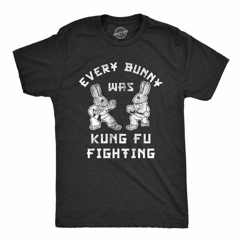Mens Every Bunny Was Kung Fu Fighting T Shirt Funny Graphic Tee Cool Easter Gift Fun Mens Funny T Shirts Cool Tees Soft Stylish Casual Menswear Easter Apparel for Men Funny Animal Short Sleeve Novelty Black