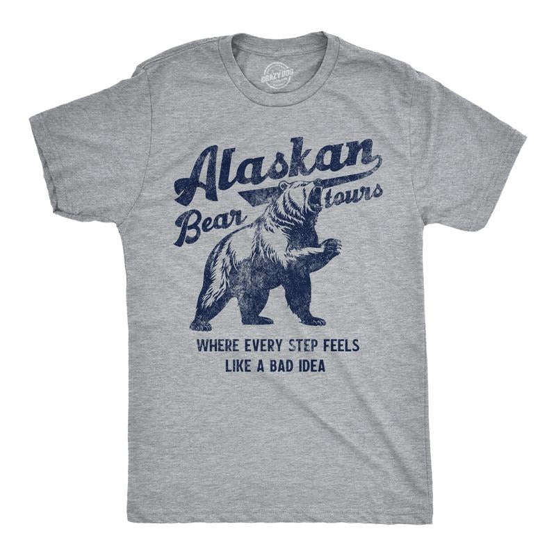 Mens Funny T Shirts Alaskan Bear Tours Sarcastic Graphic Novelty Tee for Men Mens Funny T Shirts Cool Tees Soft Stylish Casual Menswear Sarcastic Apparel for Men Funny Animal Short Sleeve Novelty Tees Light Grey