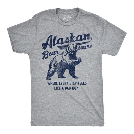 Mens Funny T Shirts Alaskan Bear Tours Sarcastic Graphic Novelty Tee for Men Mens Funny T Shirts Cool Tees Soft Stylish Casual Menswear Sarcastic Apparel for Men Funny Animal Short Sleeve Novelty Tees Light Grey