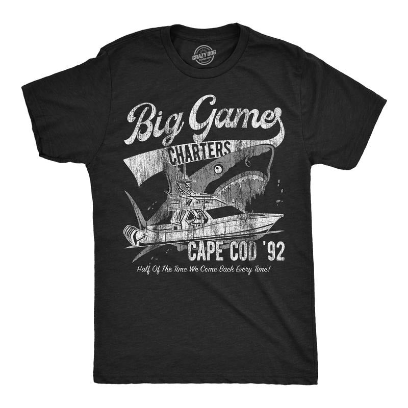 Mens Funny T Shirts Big Game Charters Sarcastic Fishing Graphic Tee For Men Mens Funny T Shirts Cool Tees Soft Stylish Casual Menswear Sarcastic Apparel for Men Funny Fishing Short Sleeve Novelty Tees Black -
