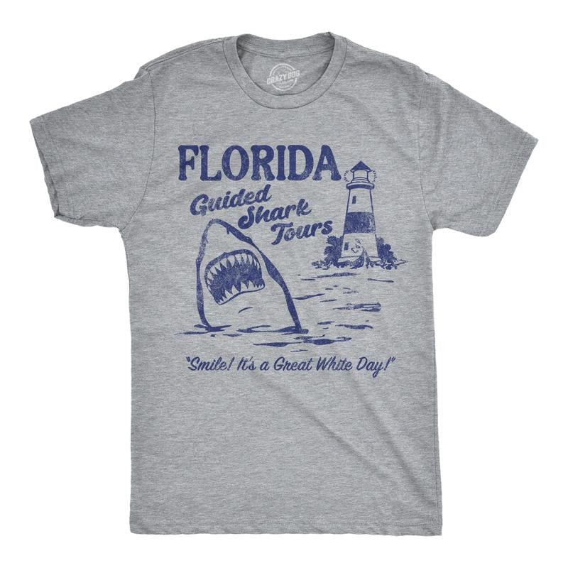 Mens Funny T Shirts Florida Guided Shark Tours Sarcastic Graphic Novelty Tee For Men Mens Funny T Shirts Cool Tees Soft Stylish Casual Menswear Shark Apparel for Men Funny Sarcastic Short Sleeve Light Grey