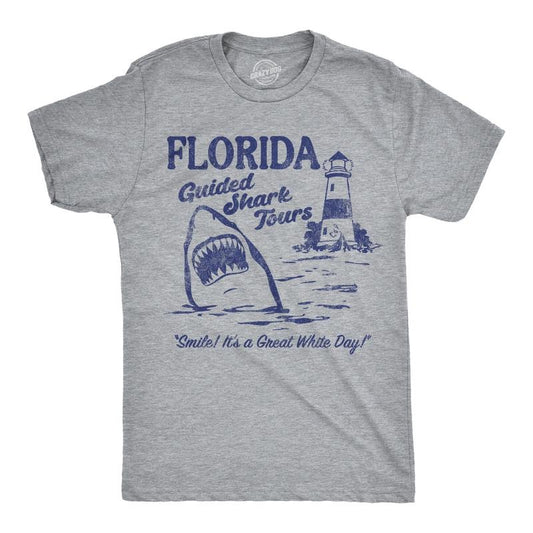Mens Funny T Shirts Florida Guided Shark Tours Sarcastic Graphic Novelty Tee For Men Mens Funny T Shirts Cool Tees Soft Stylish Casual Menswear Shark Apparel for Men Funny Sarcastic Short Sleeve Light Grey