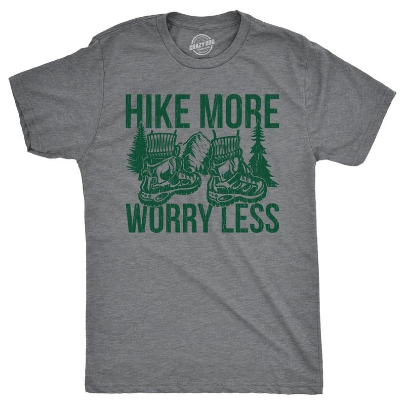 Mens Funny T Shirts Hike More Worry Less Sarcastic Nature Graphic Novelty Tee For Men Mens Funny T Shirts Cool Tees Soft Stylish Casual Menswear Funny Camping Short Sleeve Novelty Tees for Guys Dark Grey