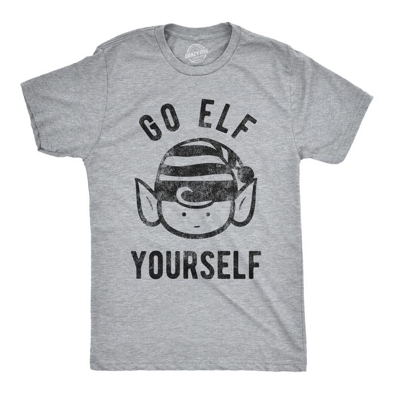 Mens Go Elf Yourself T shirt Funny Christmas Gift Holiday Saying Santa Tee Cool Mens Funny T Shirts Cool Tees Soft Stylish Casual Menswear Christmas Apparel for Men Novelty Tees for Guys Light Grey