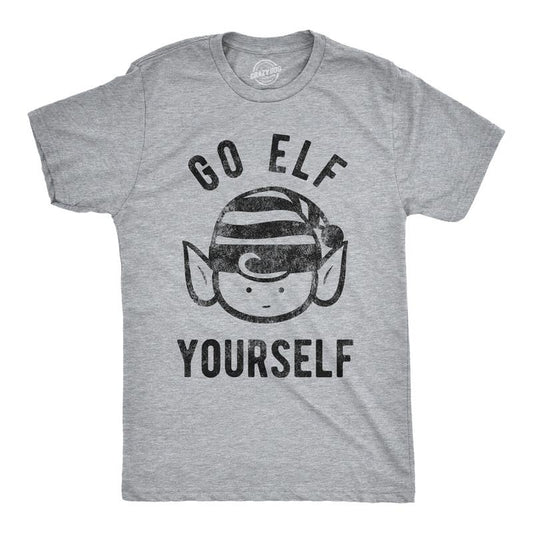 Mens Go Elf Yourself T shirt Funny Christmas Gift Holiday Saying Santa Tee Cool Mens Funny T Shirts Cool Tees Soft Stylish Casual Menswear Christmas Apparel for Men Novelty Tees for Guys Light Grey