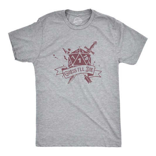 Mens Guess Ill Die T Shirt Funny Dungeon Gaming Dice Natural One D20 Joke Tee For Guys Mens Funny T Shirts Cool Tees Soft Stylish Casual Menswear Funny Sarcastic Short Sleeve Novelty Tees for Guys Light Grey