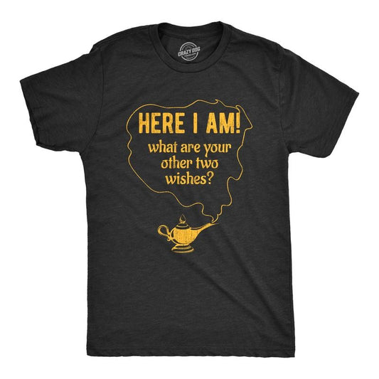 Mens Here I Am What Are Your Other Two Wishes T Shirt Funny Genie In A Bottle Pick Up Line Tee Mens Funny T Shirts Cool Tees Soft Stylish Casual Menswear Funny Sarcastic Short Sleeve Novelty Tees for Black
