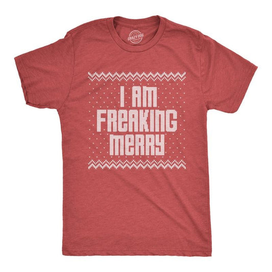 Mens I Am Freaking Merry T Shirt Funny Christmas Spirit Holiday Party Graphic Tee Mens Funny T Shirts Cool Tees Soft Stylish Casual Menswear Christmas Apparel for Men Novelty Tees for Guys Red