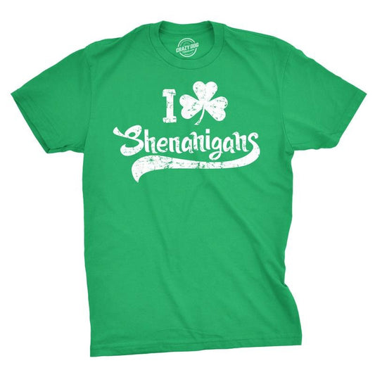 Mens I Clover Shenanigans T Shirt Funny Irish Clover St Saint Patricks Day Tee Mens Funny T Shirts Cool Tees Soft Stylish Casual Menswear Saint Patrick's Day Apparel for Men Funny Drinking Short Green